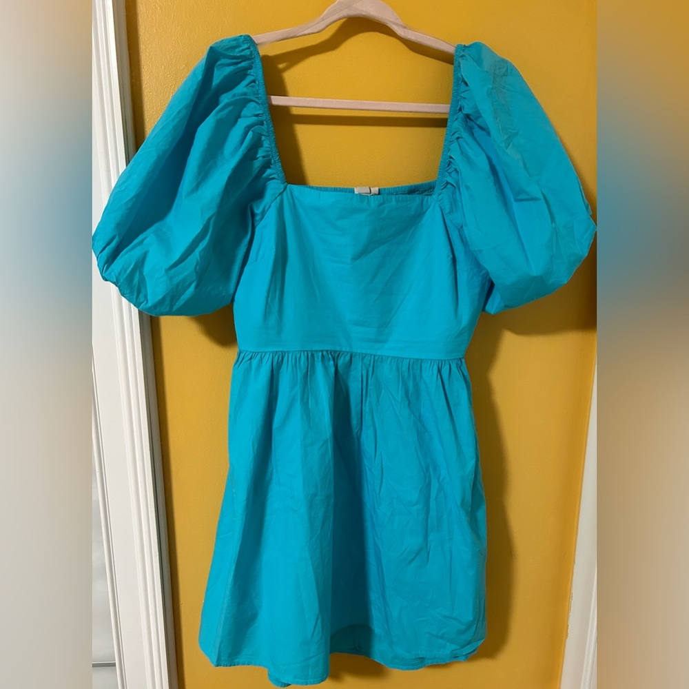 A New Day NWT Square Neck Blue Smocked Open Back Puff Sleeve Dress XXL